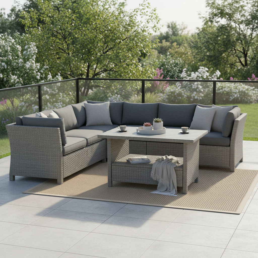 Salon de jardin avec coussins, canapé et table de rangement – Gris
