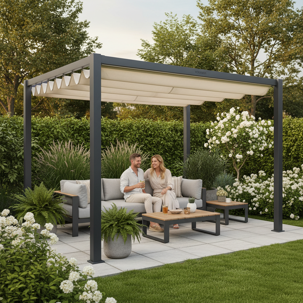 Pergola rétractable avec auvent – Abri de jardin en acier